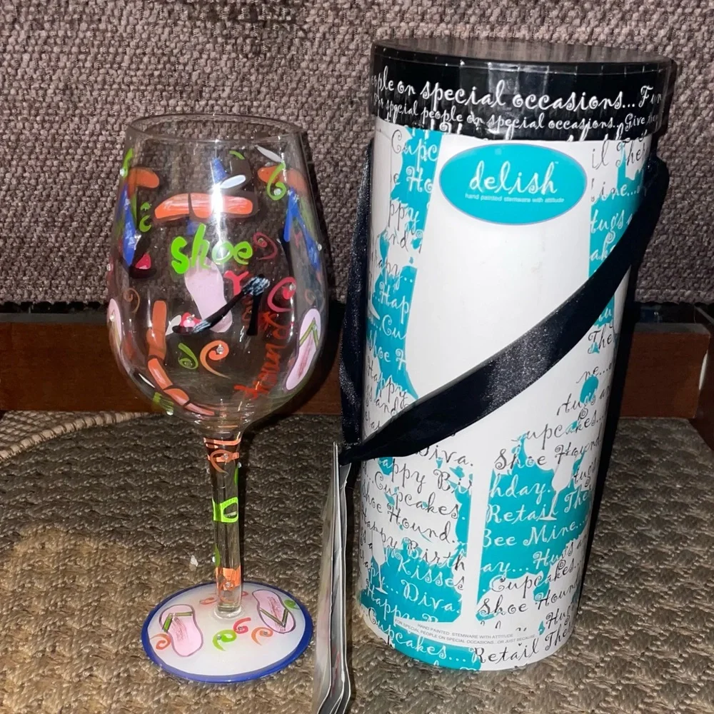 Vintage Lolita Hand-Painted Wine Glass w/Gift Box-Shoe Hound theme. Hand painted
